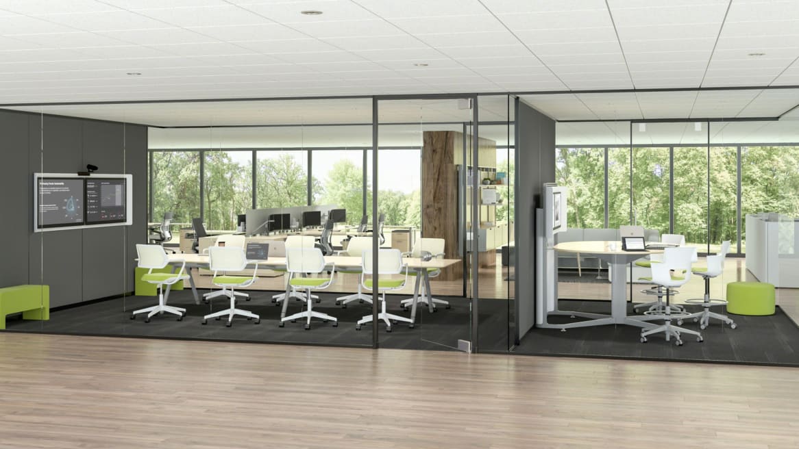 A rendering showing two meeting rooms, one with QiVi chairs arranged around a long table and the other with Shortcut 5-Star stool height chairs